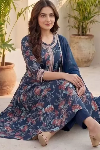 Women Floral Printed Regular Thread Work Pure Cotton Kurta with Trousers & With Dupatta