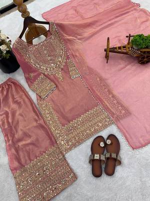 Pink embroidered silk designer ready to wear stiched kurta plazzo set with dupatta 5
