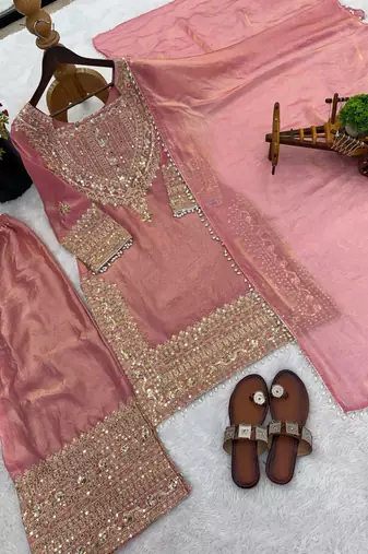 Pink embroidered silk designer ready to wear stiched kurta plazzo set with dupatta