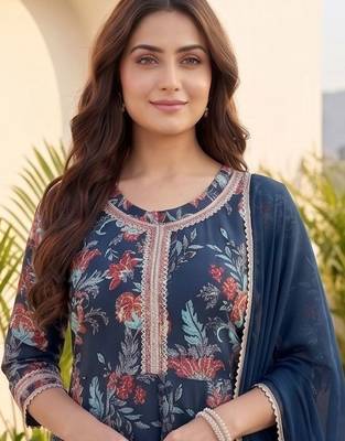 Women Floral Printed Regular Thread Work  Cotton Kurta with Trousers & With Dupatta 3