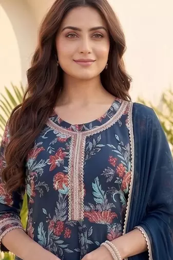 Women Floral Printed Regular Thread Work Pure Cotton Kurta with Trousers & With Dupatta