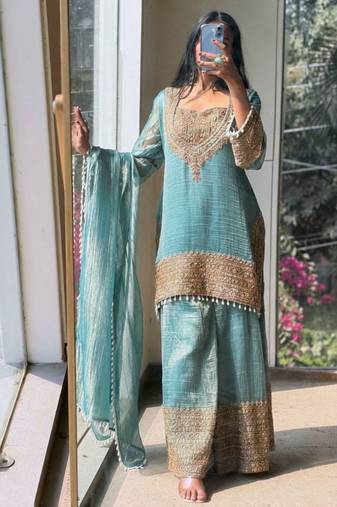 Skyblue embroidered silk designer ready to wear stiched kurta plazzo set with dupatta