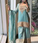 Skyblue embroidered silk designer ready to wear stiched kurta plazzo set with dupatta