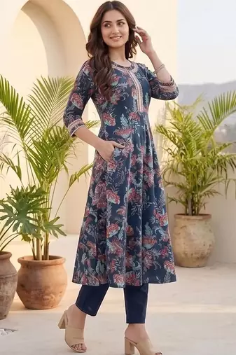 Women Floral Printed Regular Thread Work Pure Cotton Kurta with Trousers & With Dupatta