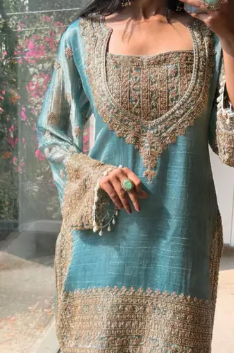 Skyblue embroidered silk designer ready to wear stiched kurta plazzo set with dupatta