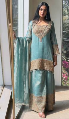 Skyblue embroidered silk designer ready to wear stiched kurta plazzo set with dupatta 3