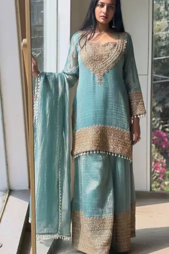 Skyblue embroidered silk designer ready to wear stiched kurta plazzo set with dupatta