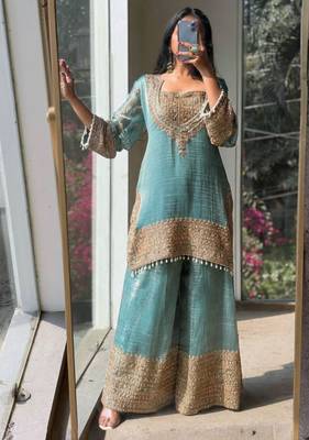 Skyblue embroidered silk designer ready to wear stiched kurta plazzo set with dupatta 4