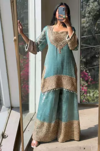 Skyblue embroidered silk designer ready to wear stiched kurta plazzo set with dupatta