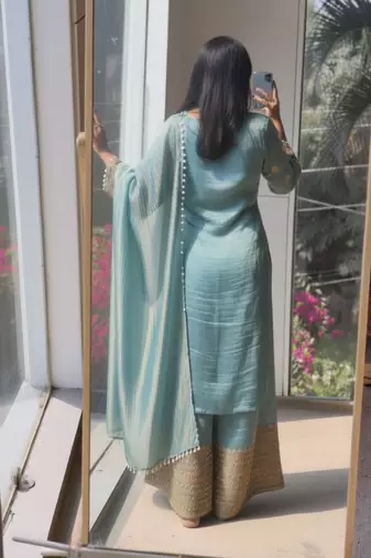 Skyblue embroidered silk designer ready to wear stiched kurta plazzo set with dupatta
