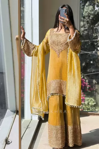 Yellow embroidered silk designer ready to wear stiched kurta plazzo set with dupatta