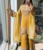 Yellow embroidered silk designer ready to wear stiched kurta plazzo set with dupatta
