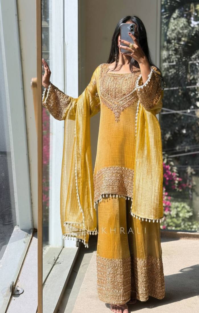 Yellow embroidered silk designer ready to wear stiched kurta plazzo set with dupatta