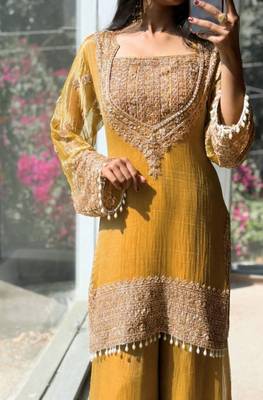 Yellow embroidered silk designer ready to wear stiched kurta plazzo set with dupatta 2