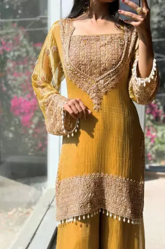 Yellow embroidered silk designer ready to wear stiched kurta plazzo set with dupatta
