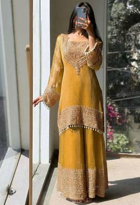 Yellow embroidered silk designer ready to wear stiched kurta plazzo set with dupatta 3