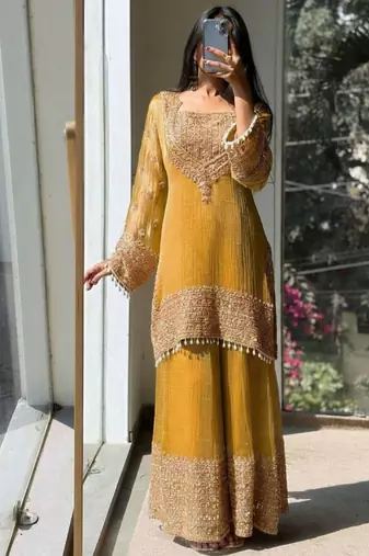 Yellow embroidered silk designer ready to wear stiched kurta plazzo set with dupatta