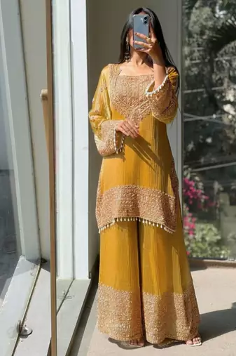 Yellow embroidered silk designer ready to wear stiched kurta plazzo set with dupatta