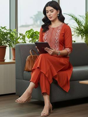 Women Yoke Design Regular Thread Work Kurta with Palazzos 2