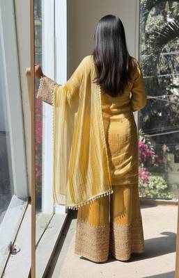 Yellow embroidered silk designer ready to wear stiched kurta plazzo set with dupatta 5