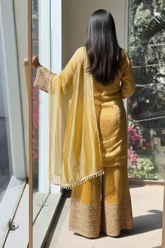Yellow embroidered silk designer ready to wear stiched kurta plazzo set with dupatta