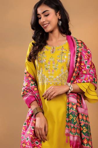Mustard Floral Yoke Design Thread Work  Cotton Kurta With Trouser & Dupatta