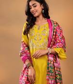 Mustard Floral Yoke Design Thread Work Pure Cotton Kurta With Trouser & Dupatta