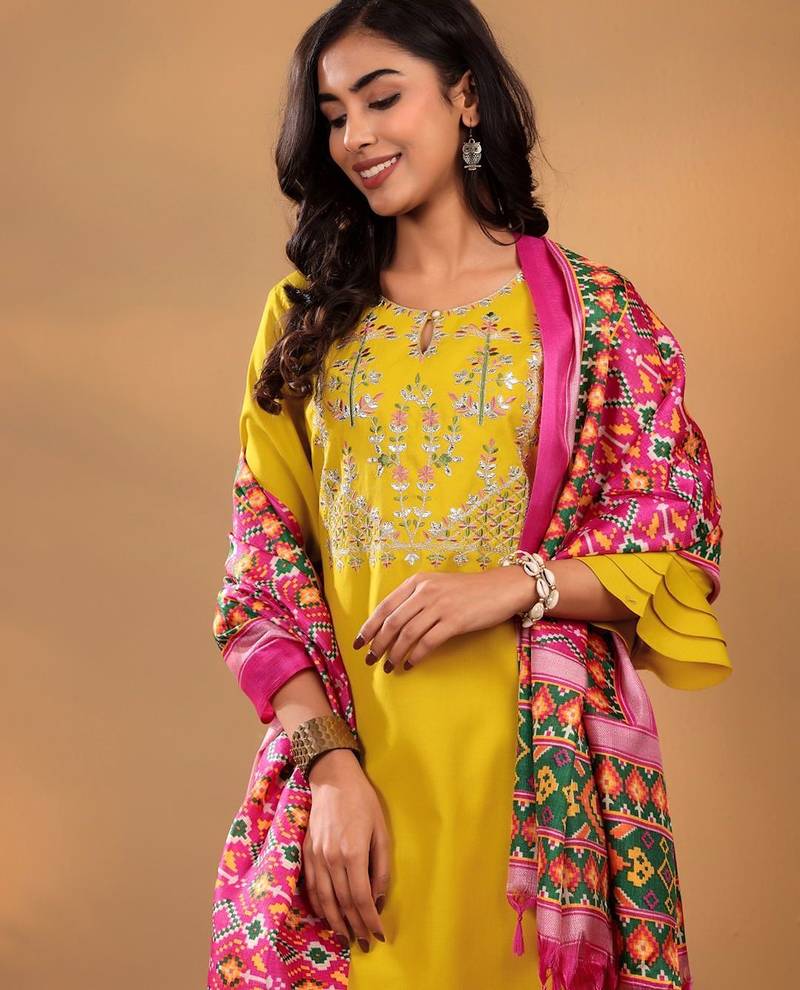 Mustard Floral Yoke Design Thread Work Pure Cotton Kurta With Trouser & Dupatta