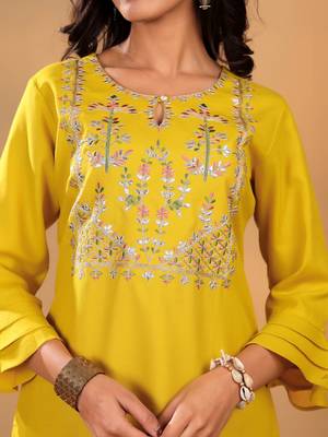 Mustard Floral Yoke Design Thread Work Pure Cotton Kurta With Trouser & Dupatta 2
