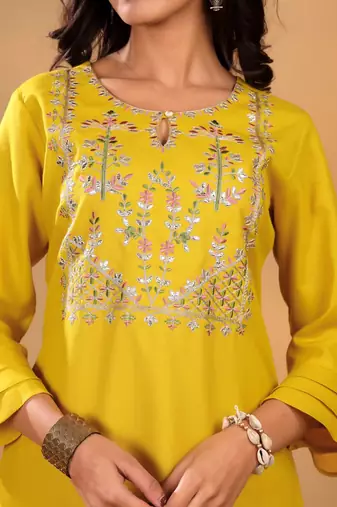 Mustard Floral Yoke Design Thread Work  Cotton Kurta With Trouser & Dupatta