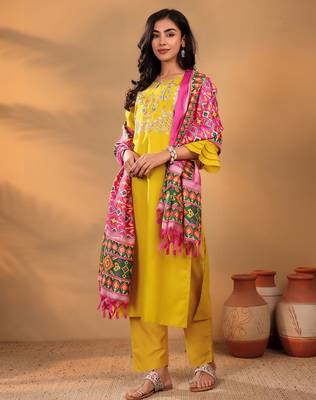 Mustard Floral Yoke Design Thread Work Pure Cotton Kurta With Trouser & Dupatta 5