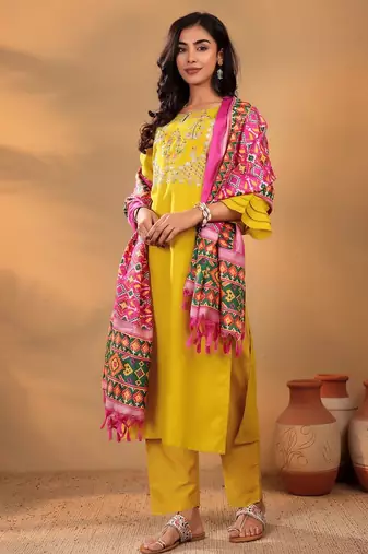 Mustard Floral Yoke Design Thread Work  Cotton Kurta With Trouser & Dupatta