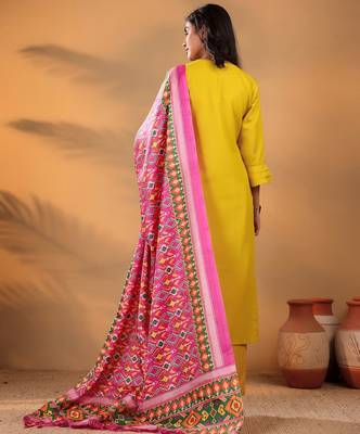 Mustard Floral Yoke Design Thread Work Pure Cotton Kurta With Trouser & Dupatta 6
