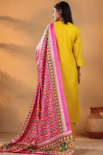 Mustard Floral Yoke Design Thread Work  Cotton Kurta With Trouser & Dupatta