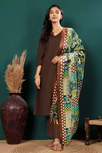V-Neck Straight Kurta with Trousers And Dupatta