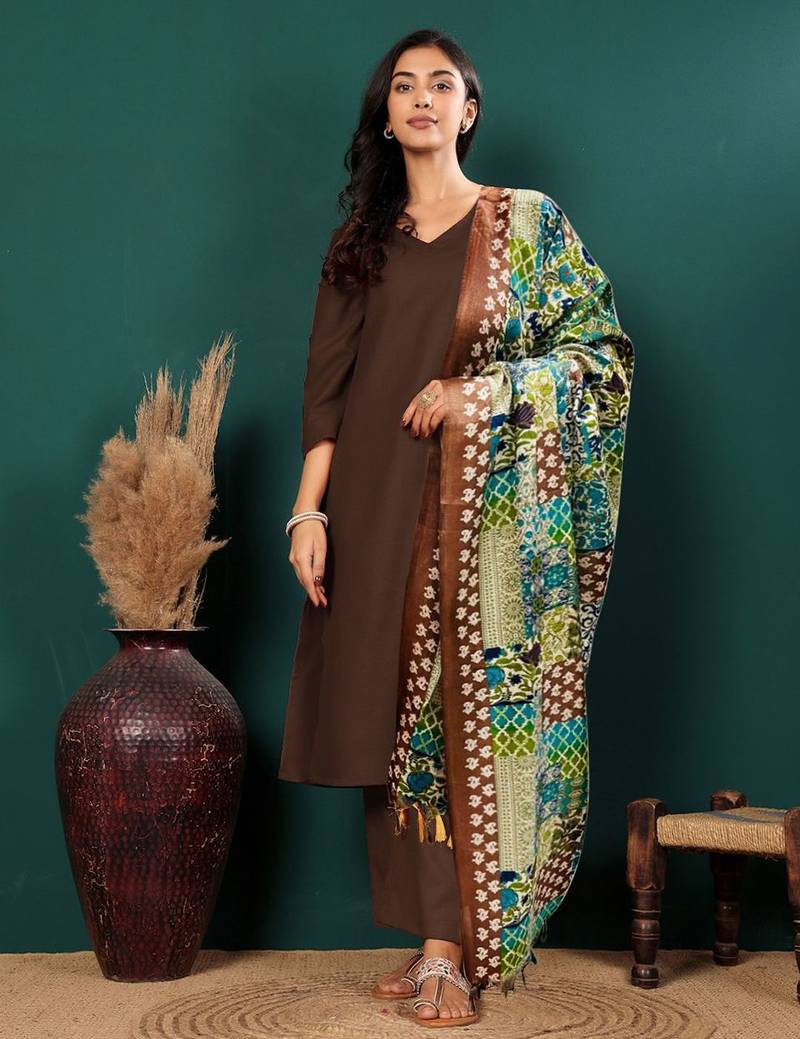V-Neck Straight Kurta with Trousers And Dupatta