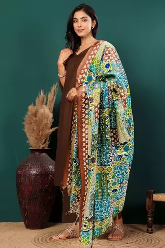 V-Neck Straight Kurta with Trousers And Dupatta
