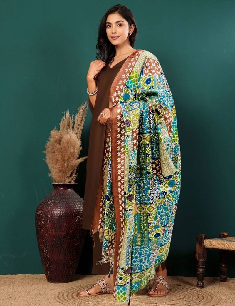 V-Neck Straight Kurta with Trousers And Dupatta