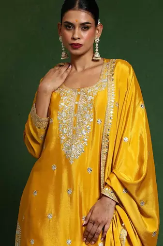 Floral Embroidered Zari Work Straight Kurta With Palazzos & Dupatta