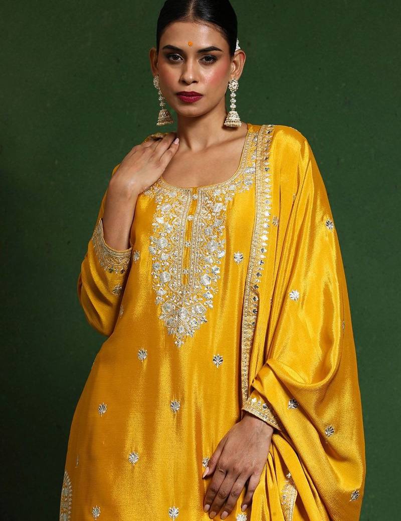 Floral Embroidered Zari Work Straight Kurta With Palazzos & Dupatta