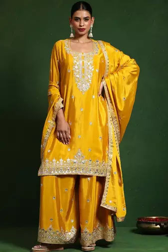 Floral Embroidered Zari Work Straight Kurta With Palazzos & Dupatta