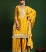 Floral Embroidered Zari Work Straight Kurta With Palazzos & Dupatta