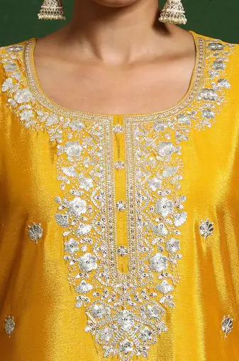 Floral Embroidered Zari Work Straight Kurta With Palazzos & Dupatta