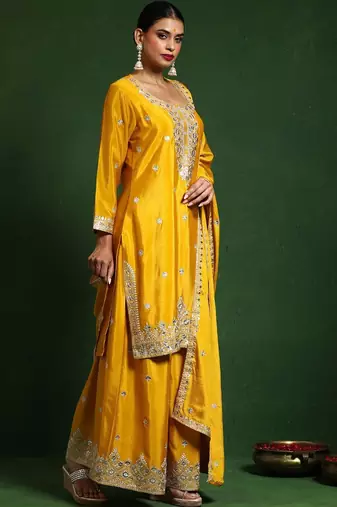 Floral Embroidered Zari Work Straight Kurta With Palazzos & Dupatta