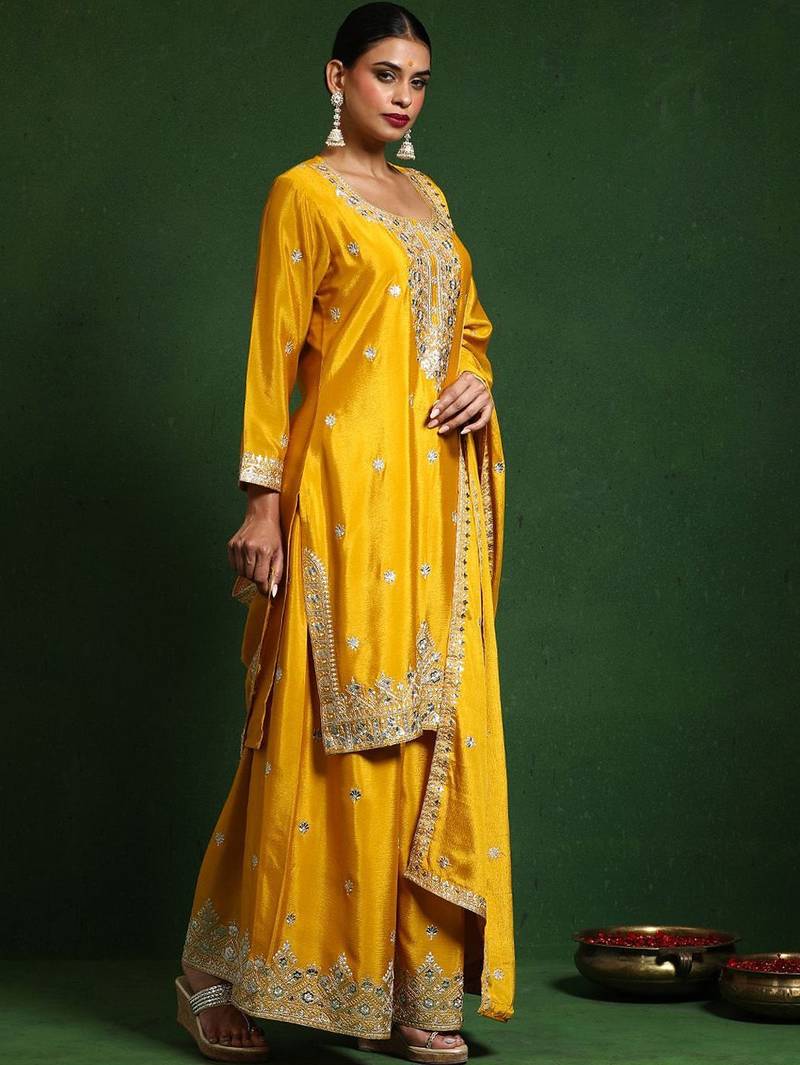 Floral Embroidered Zari Work Straight Kurta With Palazzos & Dupatta
