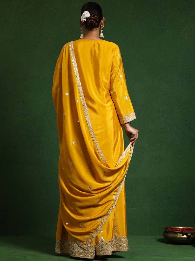 Floral Embroidered Zari Work Straight Kurta With Palazzos & Dupatta