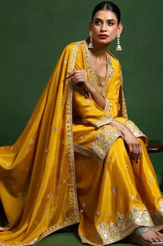 Floral Embroidered Zari Work Straight Kurta With Palazzos & Dupatta