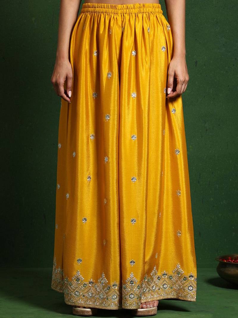 Floral Embroidered Zari Work Straight Kurta With Palazzos & Dupatta