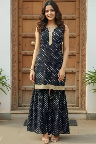 Women Ethnic Motifs Printed Regular Gotta Patti Kurta with Sharara