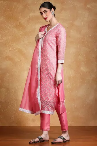Women Floral Embroidered Regular Thread Work Kurta with Trousers & With Dupatta
